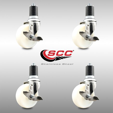 Service Caster 4 Inch 316SS Nylon Wheel Swivel 1-7/8 Inch Expanding Stem Caster Set Brake SCC SCC-SS316EX20S414-NYS-TLB-178-4